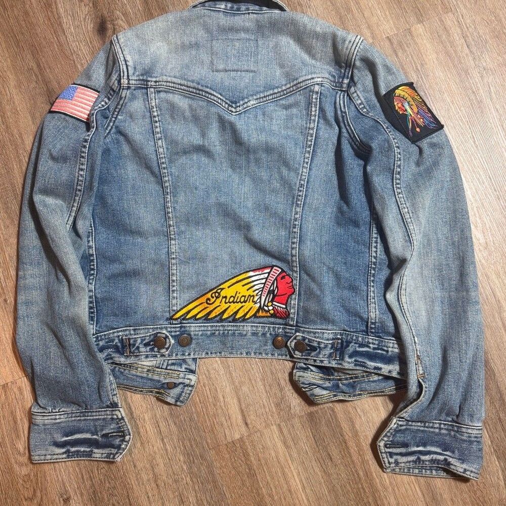 Vtg Abercrombie Fitch Indian Motorcycle Patch Denim Jacket Women S USA Flag Y2K